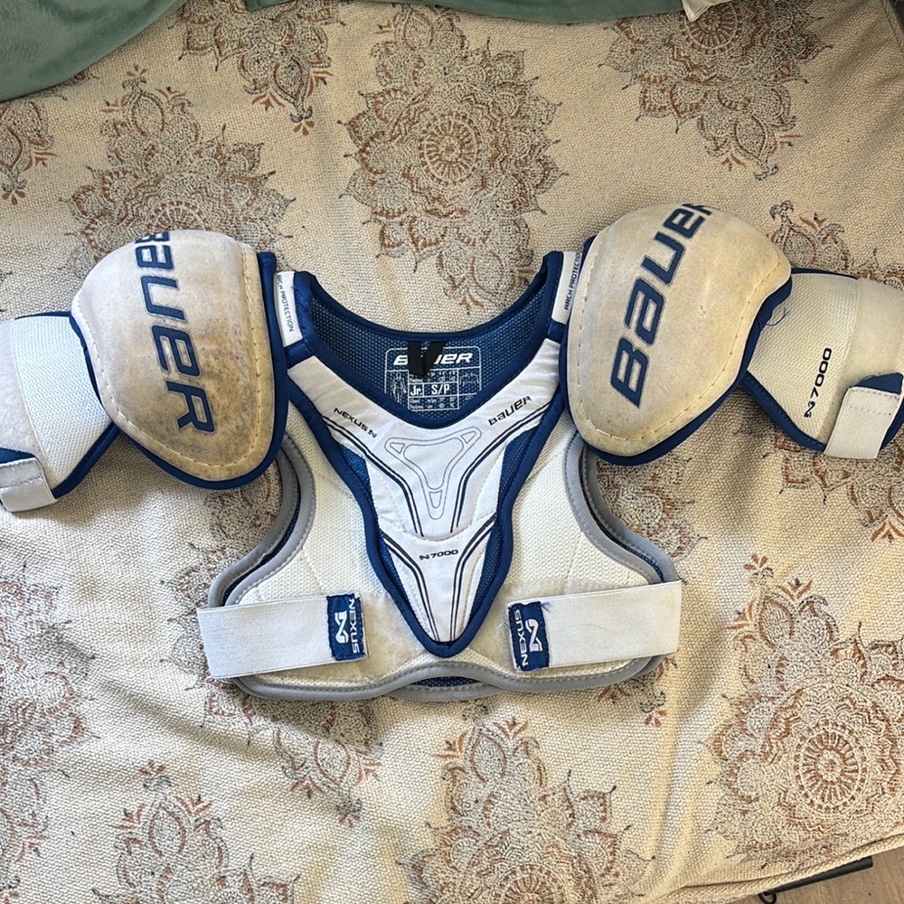 Bauer White and Blue Shoulder Pads with Adjustable Protection
